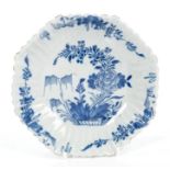18th century Dutch Delft blue and white fluted octagonal dish with Chinese taste floral decoration,