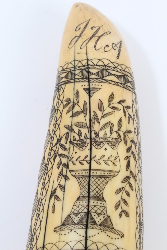 20th century carved hippopotamus tooth with ornate scrimshaw decoration depicting the whaling ship - Image 7 of 10