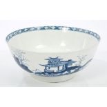 18th century Worcester blue and white bowl painted with Chinese buildings and bridge in landscape,