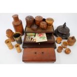 Collection 19th century treen - including apothecary bottle, mauchline ware pots,