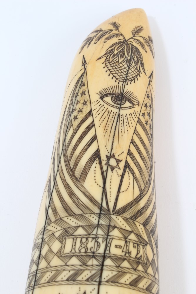 20th century carved hippopotamus tooth with ornate scrimshaw decoration depicting the whaling ship - Image 3 of 10