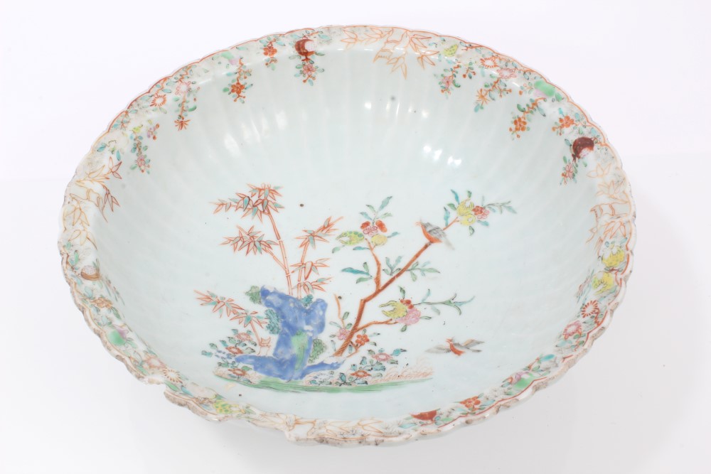 Mid-18th century Chinese export fluted basin with polychrome painted birds in flowering trees and