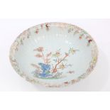 Mid-18th century Chinese export fluted basin with polychrome painted birds in flowering trees and