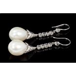 Pair cultured pearl and diamond pendant earrings,