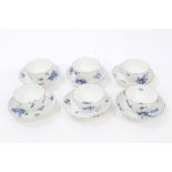 Six 18th century Meissen blue and white tea bowls and saucers with moulded basketweave borders and