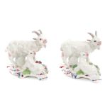 Rare pair 18th century Bow porcelain billy goats with kids,