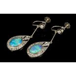 Pair Art Deco French opal and diamond pendant earrings,