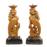 Pair 19th century Chinese carved soapstone ho ho bird pricket candlesticks with triangular sconces,