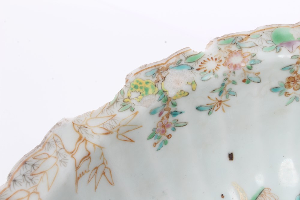 Mid-18th century Chinese export fluted basin with polychrome painted birds in flowering trees and - Image 3 of 6