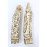 Two 20th century carved hippopotamus teeth with ornate scrimshaw whaling ship and American flag