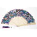 Good quality mid-19th century Chinese export carved ivory fan with finely painted Imperial Court