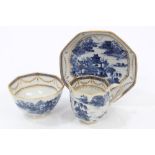 Late 18th century Chinese export blue, white and gilt trio with Chinese landscape decoration,
