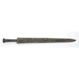 Chinese bronze sword, the gently tapering blade with impressed Chinese characters, conical handle,