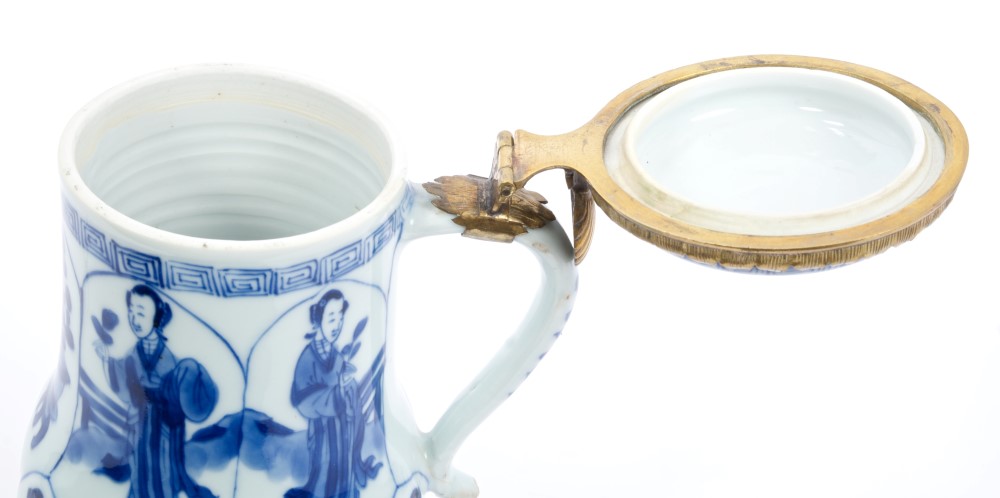 Late 17th century Chinese Kangxi blue and white and gilt metal mounted tankard and cover with - Image 2 of 13