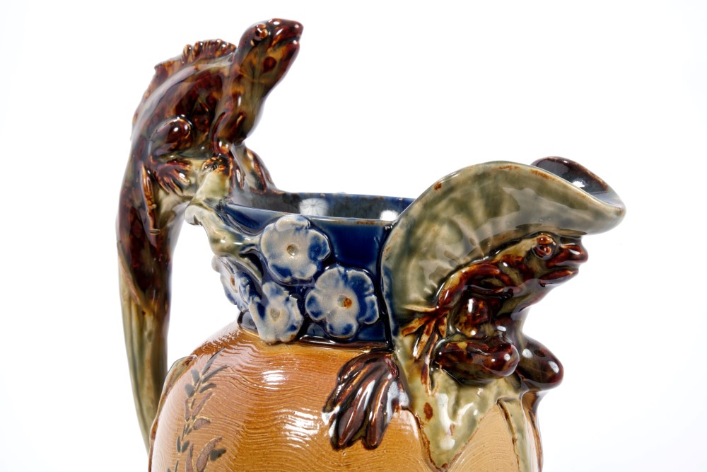 Unusual 1920s Doulton Lambeth jug with moulded frog and waterlily spout, - Image 4 of 6
