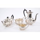 Victorian four piece silver tea set - comprising teapot of oval form, with half-fluted decoration,