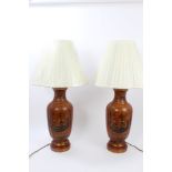 Pair contemporary decorative chinoiserie-style ceramic table lamps with faux wood and Chinese