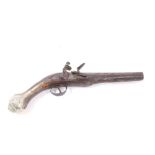 19th century Balkan flintlock pistol with white metal pommel and steel mounts, carved stock,