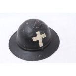 English Civil War re-enactors' helmet with black painted finish and white cross to front and back