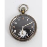 British Military steel cased open faced pocket watch with black Arabic numeral dial with luminous