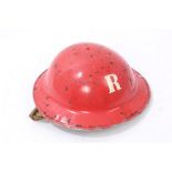 Second World War British Fire Brigade tin 'Rescue Helmet' with red painted finish and 'R' to front