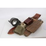 Signalling lamp, dated 1940, goggles, anti-gas eye shields, prismatic compass in webbing case,