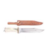 Bowie-type knife with horn hilt in brown leather sheath,