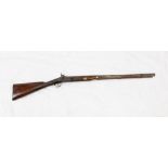 Mid-19th century percussion sporting gun with chequered walnut half-stock with wooden ramrod, 111.