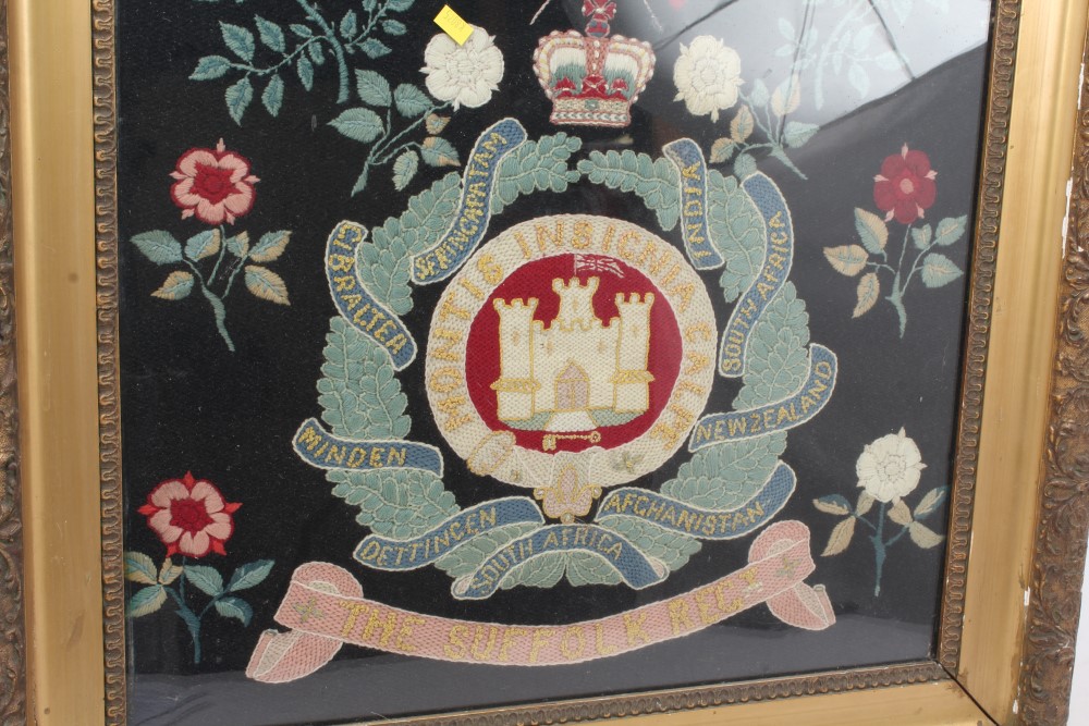 First World War era Suffolk Regiment embroidered panel with regimental badge amongst flowers, - Image 2 of 2