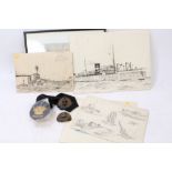 Group of pencil and ink drawings of ships,