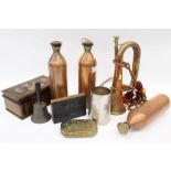 Three copper bottles, an Argyle & Sutherland Regiment trumpet, brass tobacco box, mug, hand bell,