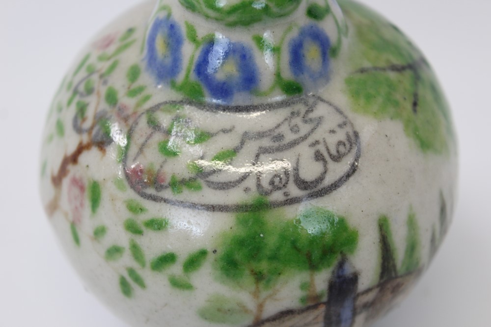 Antique Iznik pottery bottle vase decorated with scenes of buildings amongst trees, 20. - Image 5 of 6