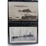 Postcards in album - including shipping coloured cards and identified vessels,