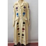 Ladies' 1960s / 1970s unusual vintage cream cotton velvet long-length coat with chain-stitched