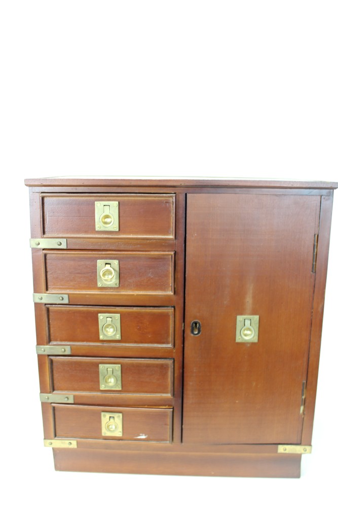 Contemporary microscope cabinet with main instrument compartment and five drawers with brass