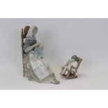 Two Lladro porcelain figures - seated lady in high back chair doing embroidery and young girl in