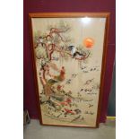 Large embroidered Chinese silk panel with various bird decoration - including peacocks, pheasants,