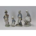 Four Lladro porcelain figures - Oriental girl with flowers, boy with boat,