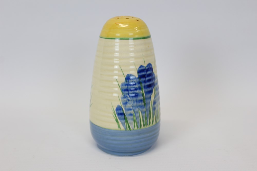 Clarice Cliff Bizarre range blue Crocus pattern hand-painted sugar castor - printed marks to base - Image 2 of 9