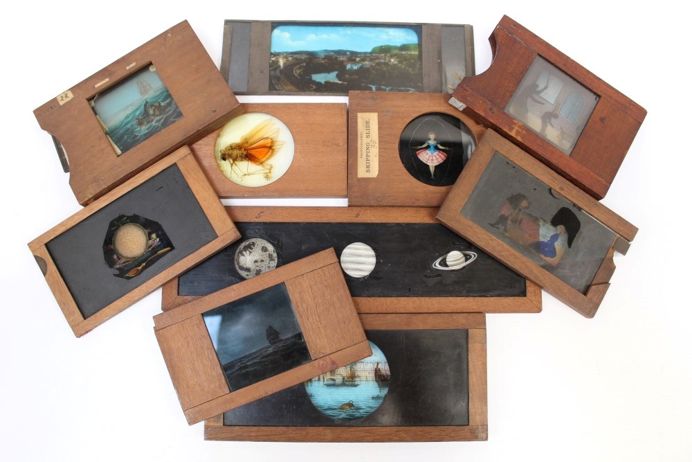 Collection of ten unusual magic lantern slides - including ships at sea,