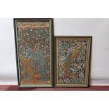 Two classical theme tapestries - garden scenes - one with peacock, the other birds in peach tree,