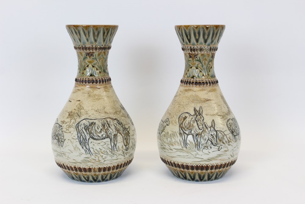 Pair of Victorian Doulton Lambeth vases by Hannah Barlow,