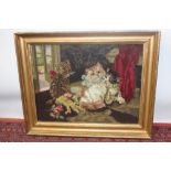 Vintage hand-stitched tapestry - three kittens by open door, glazed frame,