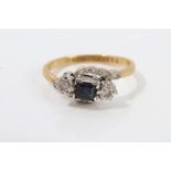 Vintage 18ct gold sapphire and diamond three stone ring with a central square cut blue sapphire