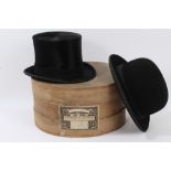 Gentlemen's vintage black top hat by W. A. Smalley, Nottingham, plus black bowler hat by G. A.