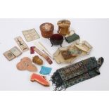 Selection of sewing items - including velvet and metal pin cushion, Tunbridge ware stamp box,