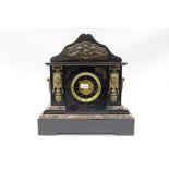 Late Victorian black slate mantel clock of large proportions, architectural form,