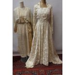 1950s cream damask wedding dress by Bourneworth, London, square neckline, shaped and ruched bodice,