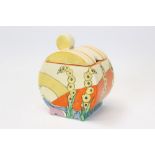 Clarice Cliff Bizarre range hand-painted Bonjour design preserve pot and cover, 10.