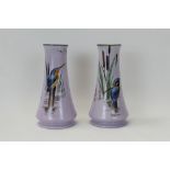 Scarce pair of 1930s Shelley vases decorated with painted kingfishers on lilac ground,